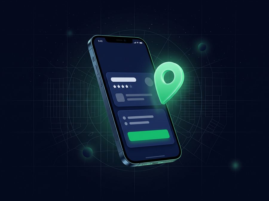 Celular exibindo o perfil de um negócio local ao lado de um marcador de localização.