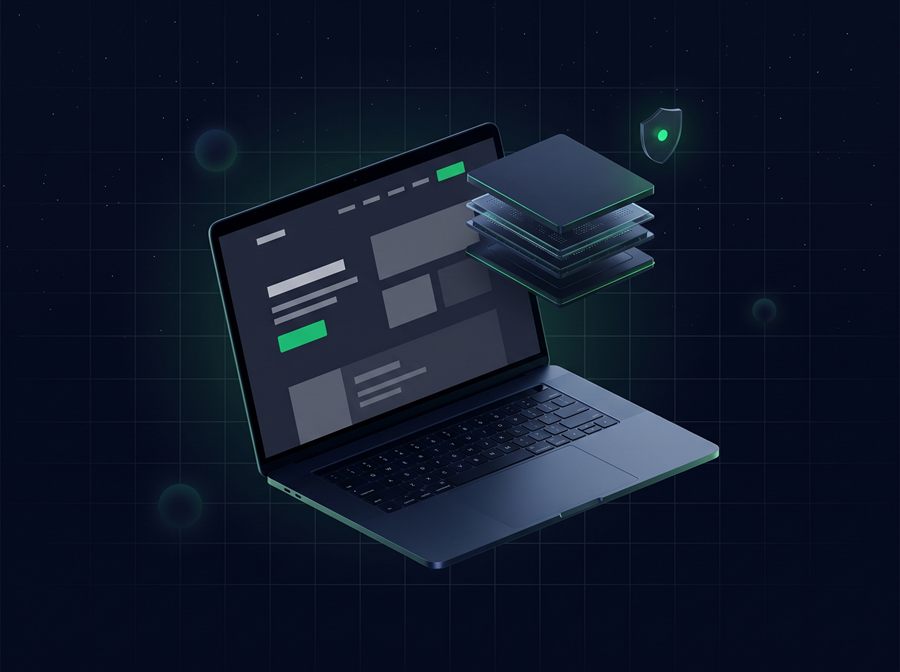 Notebook com camadas de servidor e indicador de status ao lado, representando hospedagem e manutenção.