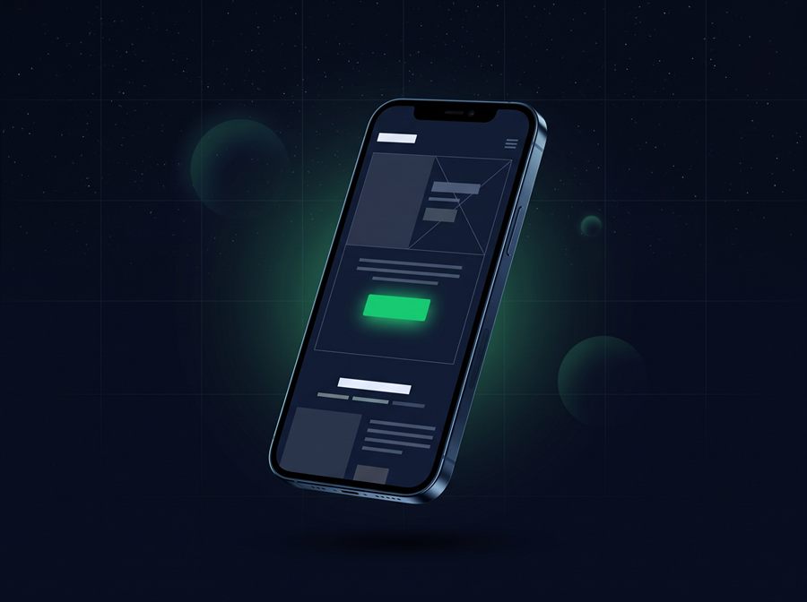 Celular exibindo uma landing page com botão de ação em verde destacado.