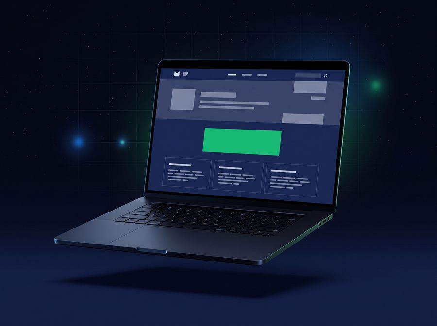Notebook exibindo a página inicial de um site institucional com seções organizadas.